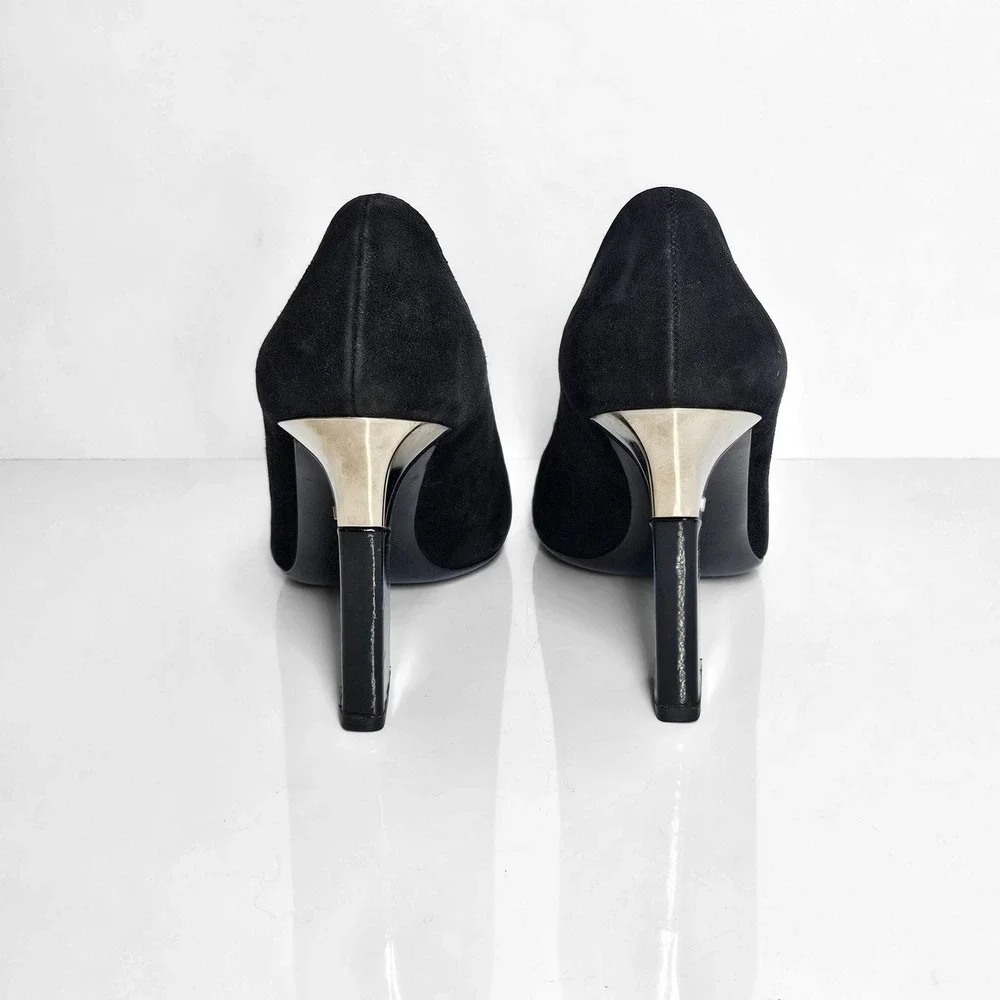Prada Black Suede Patent Leather Square Toe‎ Block Heel Pumps Silver Accent 36.5
